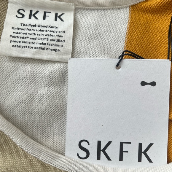 NWT SKFK Naike Multicolor Blue Cream Gold Batwing Cotton Sweater Medium Reg $109 - Picture 8 of 12